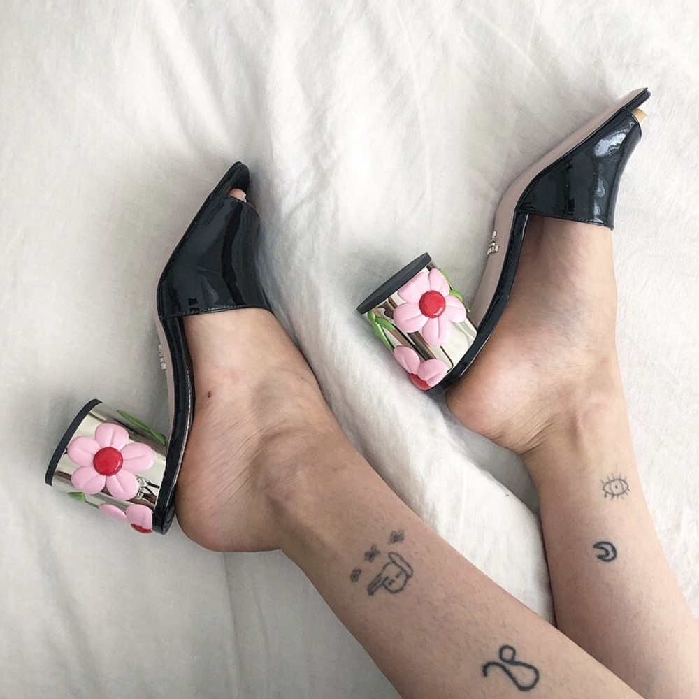PRADA patent flower mules 36 NEW